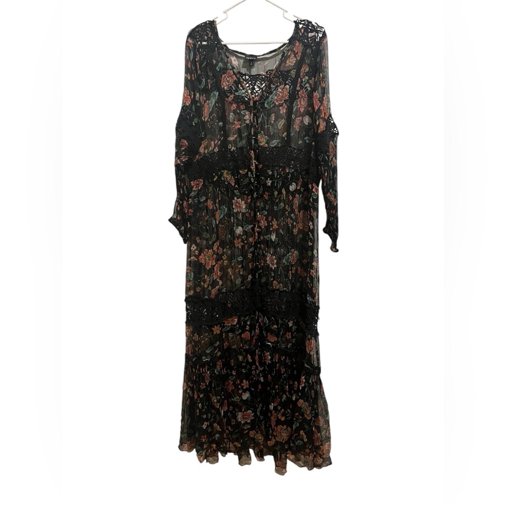 Torrid Sheer Lace Boho Slit Sleeve Gypsy Floral Black crochet Maxi Dress size 2